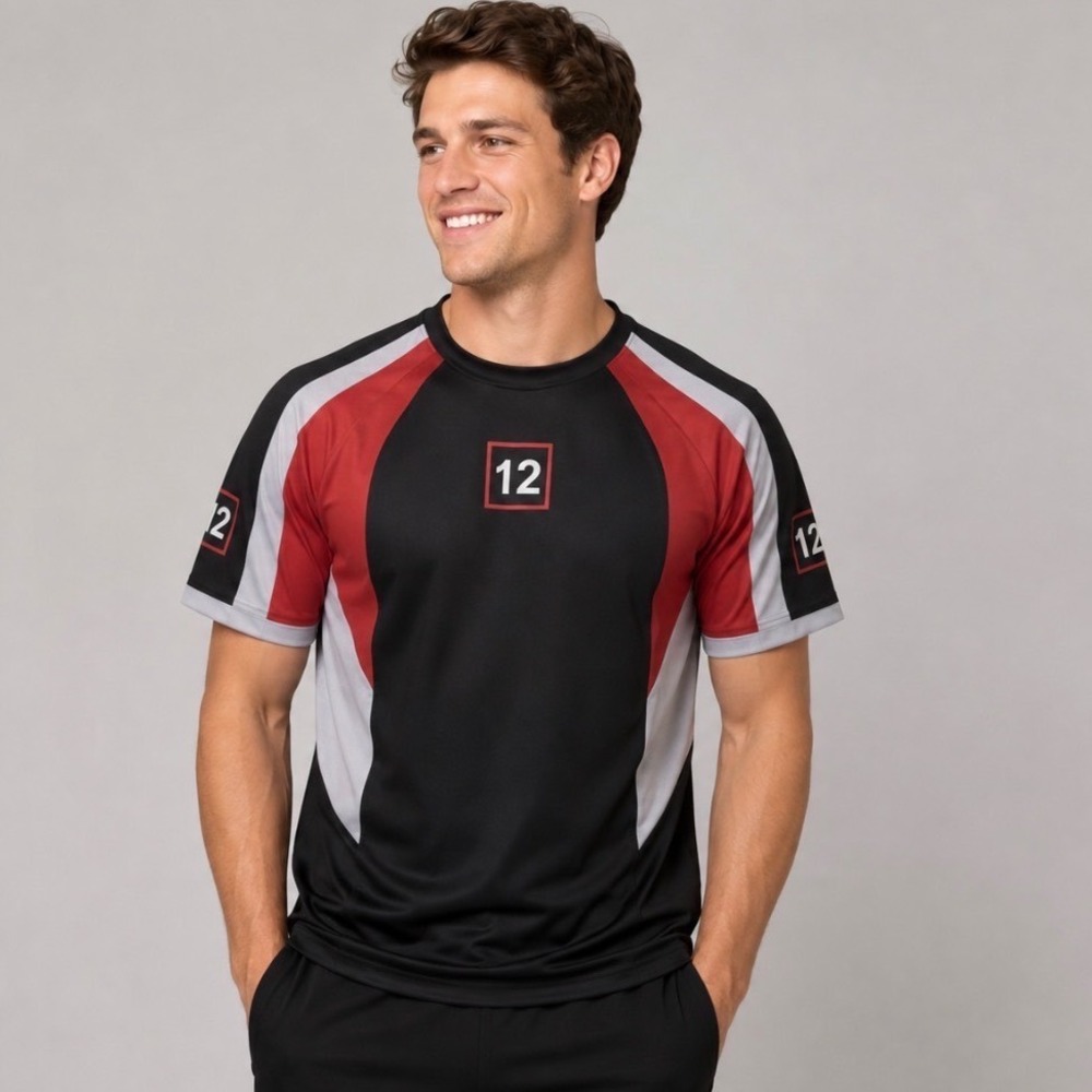 NECA The Hunger Games Training Shirt District 12 Quarter Zip Black Red Mens M/L
